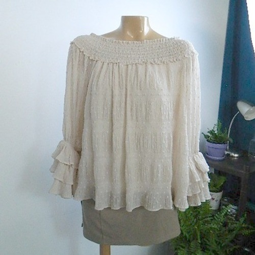 By Together Blouse Womens Medium Cream Swiss Dot Smocked Ruffle Bell Sleeve Boho